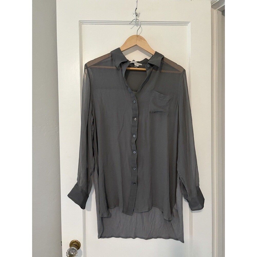 Coldwater Creek Silk Blouse XL 18 Gray Sheer Mixed Media High Low Button Shirt